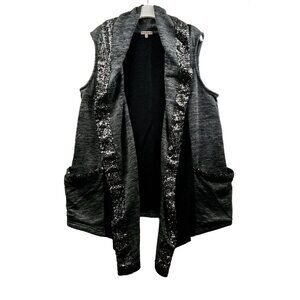 Juicy Couture Women's Open Vest Cardigan Sequin Embellished Oversized Blk/Gray M